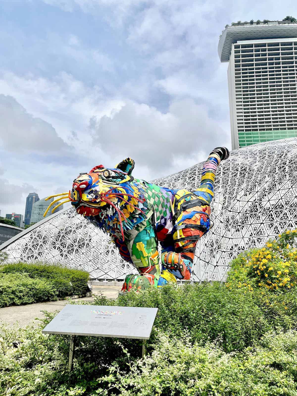 A photo of a tiger made from trash in Singapore's Gardens by the Bay.